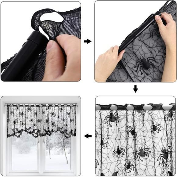 Halloween Lace Window Curtain Spider Web Bats Door Curtain Halloween Decor - Picture 5 of 6